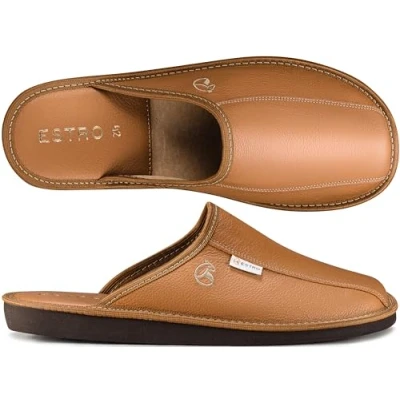 Abbildung von ESTRO Hausschuhe Herren Leder Herrenhausschuhe Hausschuh Männer Pantoffel Pantoffeln Pantoletten Slipper Mann Warm Rust (43 EU, Gold)