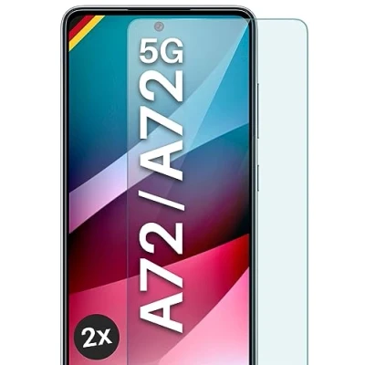 Abbildung von moex Panzer Schutz Glas für Samsung Galaxy A72 / 5G Schutzfolie robust und kratzfest, bruchsichere Panzerfolie Displayschutz, HD Klar Glass Screen Protector, 2x Stück