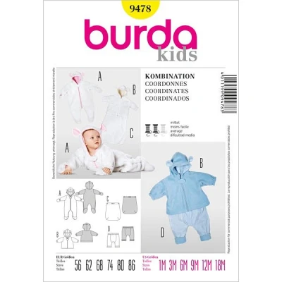 Abbildung von Burda Schnittmuster 9478 Baby Kombination: Overall, Jacke, Fu?Sack &amp; Hose Gr. 56 86