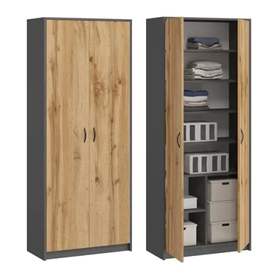 Abbildung von Mehrzweckschrank Aktenschrank mit 2 Türen und 8 Fächern Bücherregal Büroschrank Haushaltsschrank 180x74x35cm (Grafit/Eiche Wotan)