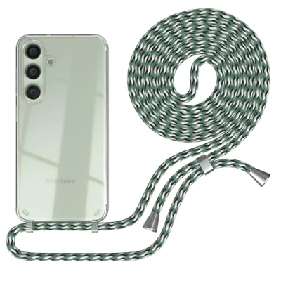 Abbildung von EAZY CASE Handykette kompatibel mit Samsung Galaxy S24 Kette zum Umhängen für Hülle Band aus Silikon stoßfeste transparente Handyhülle Fallschutz Hell Grün Camouflage Clips Silber