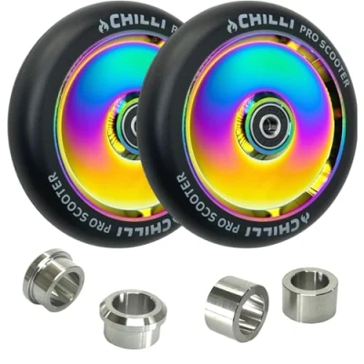 Abbildung von Pro Stunt Scooter Hollowcore Rollen 120 mm SET+ Titan Spacer nur für Blunt Prodigy S6, S7, S8, S9, X, KOS S5, Colt S5 passend (Rainbow Neochrome)