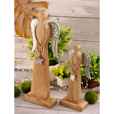 Abbildung von Casamia Dekofigur Engel 2er Set 12/16x32/47cm Weihnachten Mangoholz Aluminium