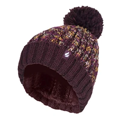 Abbildung von HEAT HOLDERS Damen Elegant Strickmütze Gefüttert Groß Beanie mit Bommel und Fleecefutter (Einheitsgröße, Wein)