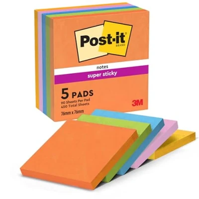 Abbildung von Post it Super Sticky Notes Boost Collection, Packung mit 5 Blöcken, 90 Blatt pro Block, 76 mm x mm, Orange, Grün, Pink, Gelb, Blau Extra stark klebende Notizzettel für To Do Listen &amp; Erinnerungen