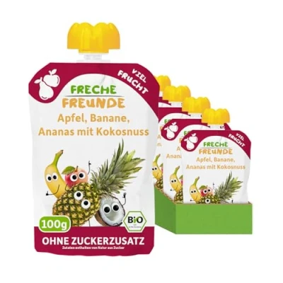 Abbildung von FRECHE FREUNDE Bio Quetschie Apfel, Banane, Ananas mit Kokosnuss, Fruchtmus Obst im Quetschbeutel für Babys ab dem 6. Monat, vegan, 6er Pack (6 x 100g)