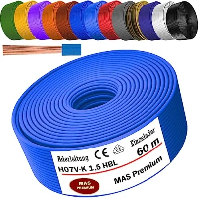 Abbildung von MAS Premium Von 5 bis 100m Aderleitung H07 V K 1x1,5 mm² SW, HBL, GNGE, GN, RT, DBL, BR, OR, GR, WS, VIO, U MAR.BL oder GE Einzelader flexibel (Hellblau, 60m)
