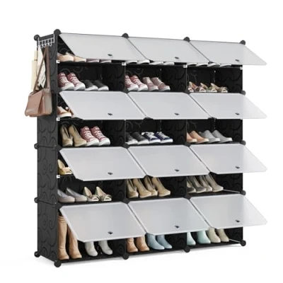 Abbildung von Mondeer Schuhregal, 3x7 Tier Würfel Kunststoff Schuhschrank, Modular Schuhaufbewahrung Hält 42 Paar Schuhe mit Tür, Platzsparend für Alle Arten von Schuhen, Flure, Schlafzimmer, Eingänge, Schwarz