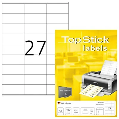 Abbildung von TopStick 8704 Universal Etiketten, 100 Blatt, 70 x 32 mm, 27 pro A4 Bogen, 2700 Stück, selbstklebend, bedruckbar, matt, blanko Papier Klebeetiketten Aufkleber, weiß