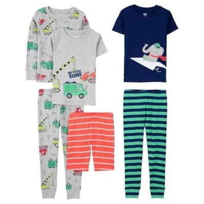 Abbildung von Simple Joys by Carter&#039;s Jungen 6 Piece Snug Fit Cotton Pajama Set Pyjamaset, Grau Lkws/Grün Streifen/Marineblau Elefant/Orange Streifen, 5 Jahre (3er Pack)