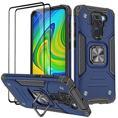 Abbildung von KANSi Hülle kompatibel für Xiaomi Redmi Note 9, Schutzfolie [2 Stück] Silikon TPU Hart PC Handy Hüllen 360 Grad Drehbar Ringhalter Bumper Stoßdämpfung Schutzhülle 9 Blau
