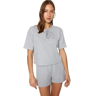 Abbildung von Trendyol Damen Loungewear Relaxed Standard Rundhals Gewebte Bluse Hemd, grau, Large