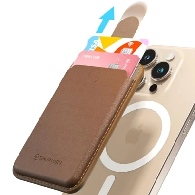 Abbildung von Sinjimoru Vegan PU Leder iPhone Wallet kompatibel mit MagSafe Wallet, Magnetischer Kartenhalter Handy Ziehlasche für Handyhülle 16 15 14 13 12 Reihe. M Pull Tab Brown