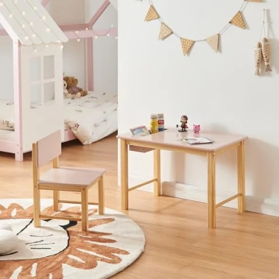 Abbildung von [en.casa] Kinderschreibtisch Set mit Stuhl Skjåk Kindertisch integriertem Fach Schreibtischstuhl Rückenlehne Holz Rosa Kinderspieltisch Maltisch für Kinder