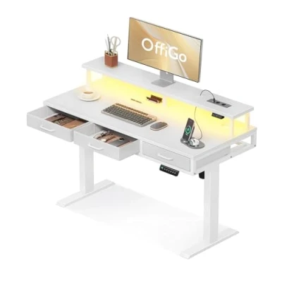 Abbildung von OffiGo Elektrischer Schreibtisch mit Schubladen, 120cm Höhenverstellbarer Monitorständer, Gaming Tisch Steckdosen und Lichtleiste, Höhenverstellbar Bürotisch, Weiß