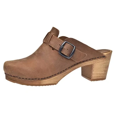 Abbildung von Sanita Malulo Clog Original handgemacht Leder Holzclogs für Damen Verstellbarer Riemen Nachhaltiges Braun 40 EU