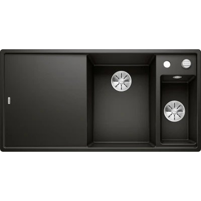 Abbildung von BLANCO AXIA III 6 S Granitspüle aus SILGRANIT schwarz Einbauart: Einbau von Oben Hauptbecken rechts mit Glasschneidbrett für 60 cm breite Unterschränke Verschiebbares Schneidbrett