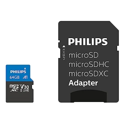Abbildung von Philips Ultra Pro microSDXC Card 64 GB + SD Adapter UHS I U3, Lesegeschwindigkeit bis zu 100 MB/s, A1 Fast App Performance, V30, Speicherkarte für Smartphones, Tablet, PC, Reader, 4K UHD Video