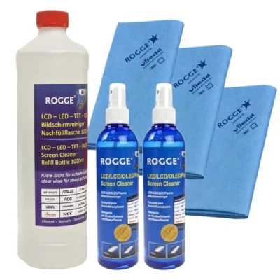 Abbildung von ROGGE Screen Cleaner 1.000ml + 2 x 250ml Flaschen (leer) 3 Prof. Micofaser Reinigungstücher 1000 ml