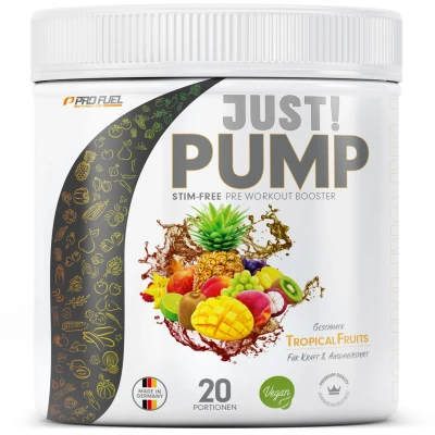 Abbildung von Pump Booster3 ohne Koffein TROPICAL FRUITS 440g innovative Formel aus Aminosäuren und Pflanzenextrakten hochdosierter Pre Workout koffeinfrei Made in Germany 100% vegan