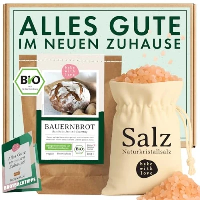 Abbildung von Brot und Salz Geschenk zum Einzug Bio Brotbackmischung Umzug Richtfest Geschenkset Einzugsgeschenk für Wohnung Haus Einweihungsgeschenk Umzugsgeschenk Bake with Love