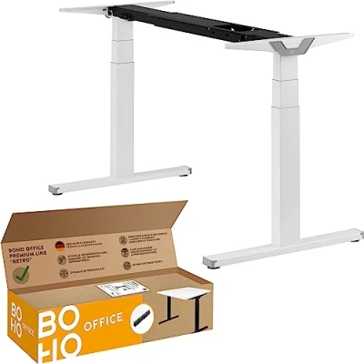 Abbildung von boho office® Höhenverstellbarer Schreibtisch Gestell Made in Germany, Elektrisch stufenlos, 2 laufruhige Motoren, 3 Fach Teleskop, Kollisionsschutz Premium Line Weiß mit Retroschalter