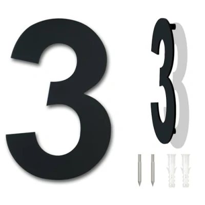 Abbildung von Edelstahl metall Hausnummer Höhe 178mm Schrift Arial moderner schwarze (Nummer 3)