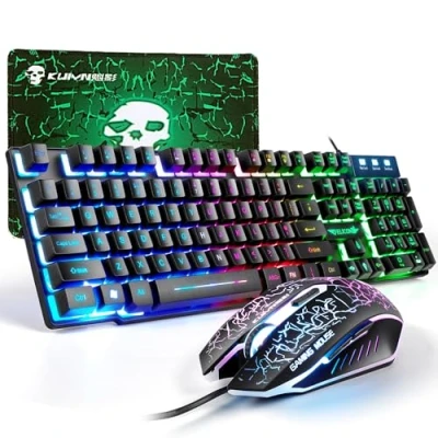 Abbildung von Gaming Tastatur und Maus Set, 104 Tasten Rainbow Backlit QWERTY UK Layout + 2400 DPI 4 Atemmaus Mauspad Kombination, USB Kabel Kompatibel mit PS4 Xbox (Need Adapter) Schwarz
