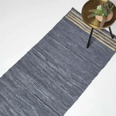Abbildung von Homescapes Teppich Läufer Leder grau gestreift 66x200 cm, Teppichläufer aus Recycling mit geflochtenen Jute Streifen