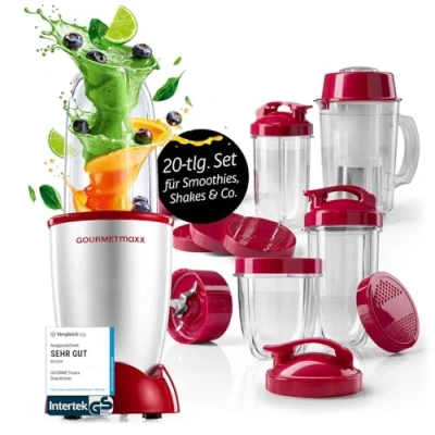 Abbildung von GOURMETmaxx Mr. Magic Power Pro Mixer 400 Watt Smoothie Maker mit to go Deckel Standmixer Mixbecher &amp; Frischhaltedeckel zum Aufbewahren Blender Zubehörset XL für Shakes, Smoothies etc.