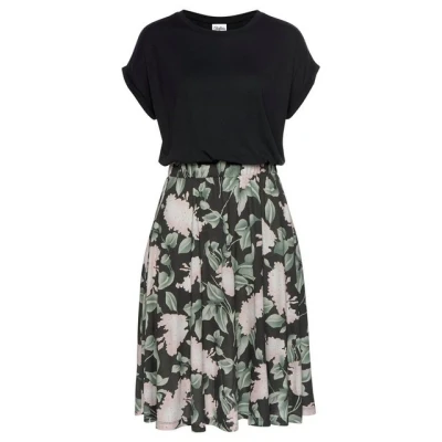 Abbildung von Buffalo Jerseykleid mit Paperbag Bund und bedrucktem Rock, kurzes Sommerkleid, Strandkleid