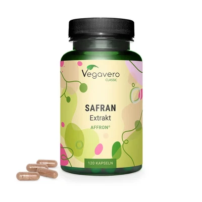 Abbildung von Safran Kapseln 30 mg Affron® Safranextrakt (3:1) aus Spanien 3,5% Safranal &amp; Crocin Vegan Ohne Zusätze Deutsche Produktion von Vegavero® 120 Stück