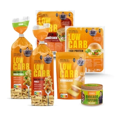Abbildung von STEINER&#039;s Kennenlern Box low Carb High Protein Fusilli, Brötchen &amp; Rührkuchen Backmischung Inkl. Avocado Topping Ballaststoffreich, Eiweißreich, calorie Lebensmittel