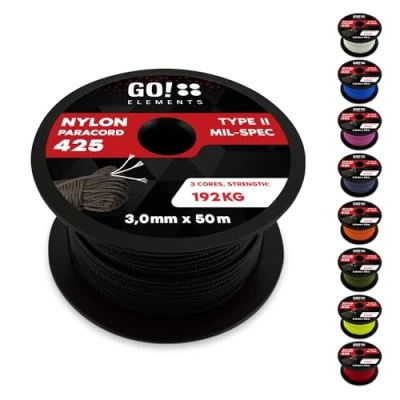 Abbildung von GO!elements 50m Paracord Seil aus reißfestem Nylon 3mm 425 Typ II max. 192kg Schnüre als Outdoor Seil, Allzweckseil, Survival Armband, Hundeleine, Nylonschnur, Farbe: Schwarz