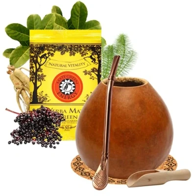 Abbildung von Yerba Mate Tee Set mit natürlicher Kalebasse Pumpkin ● Kürbistasse und Strohhalm Edelstahl Bombilla Green Energy 50g Gourd Accessories