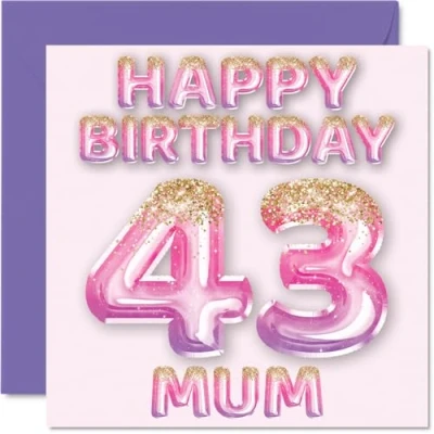 Abbildung von Stuff4 Geburtstagskarte zum 43. Geburtstag für Mama rosa &amp; lila Glitzerballons Happy Birthday Karten 43 Jahre alte Mutter, Mutter vom Sohn und Tochter, 145 mm x