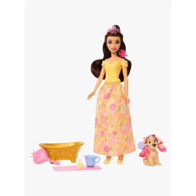 Abbildung von Mattel Disney Princess Belle Modepuppe mit Hündchen, Farbwechseleffekt, Badewanne, Bürste und Haarzubehör, inspiriert von Die Schöne das Biest, JFC42