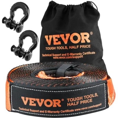 Abbildung von VEVOR Abschleppseil Set 7,6 x 914,4 cm, Polyester Abschleppgurt mit Einer Kapazität von 13.608 kg, 20.000 kg D Ring Schäkeln, Aufbewahrungstasche, für Geländefahrzeuge, Jeeps, LKWs
