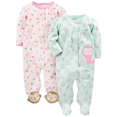 Abbildung von Simple Joys by Carter&#039;s Baby Mädchen Schlaf und Spielanzug aus Baumwolle mit Füßen Druckknöpfen, 2er Pack, Minzgrün Eules/Rosa Affe, 0 3 Monate