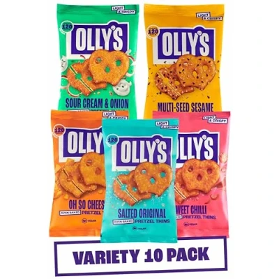 Abbildung von Olly&#039;s Pretzel Thins, neue Sortenpackung, 35 g (10 Stück), 2 x gesalzen, mehrkernig, saure Sahne, süße Chili, käsige, kalorienarme Snacks, fettarm, Ballaststoffquelle, ohne