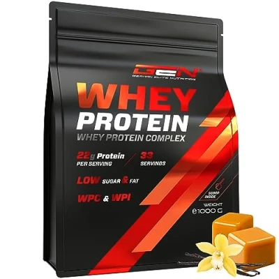 Abbildung von Whey Protein Komplex 1000 g (Vanille Toffee) mit Isolate Anteil Instant lösliches Eiweiss Pulver BCAA &amp; EAA German Elite Nutrition