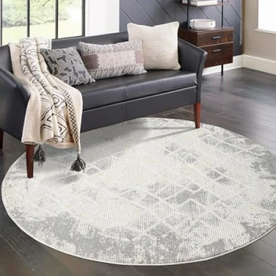 Abbildung von carpet city Teppich Wohnzimmer Grau 160 cm Rund Klassisch Modern Vintage Stil, Bordüre, Geo Muster Teppiche Kurzflor Schlafzimmer, Esszimmer