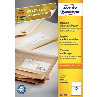 Abbildung von AVERY Zweckform LR3424 Recycling Etiketten (1.200 Adressaufkleber, 105x48mm auf A4, 100% recyceltes Altpapier, bedruckbare Adressetiketten, selbstklebende Klebeetiketten) 100 Blatt, naturweiß