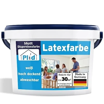 Abbildung von plid Latexfarbe abwaschbare Wandfarbe Küchenfarbe Innenfarbe Badfarbe, Schnelltrocknend, spritzarm, verarbeitungsfertig