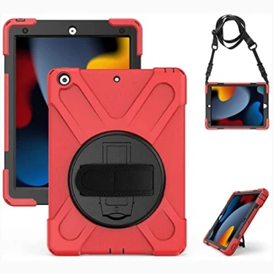 Abbildung von Gerutek Hülle für iPad 9./8./7. Generation (iPad 10.2 Zoll), Stoßfeste Robust Panzerhülle mit Pencil Halter, Drehbar Stände, Handschlaufe Schultergurt Schutzhülle 10.2&quot; 2021/2020/2019, Rot