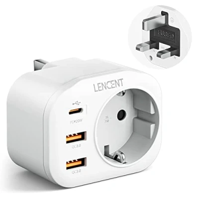 Abbildung von LENCENT Reiseadapter Netzadapter UK Adapter England Deutschland Stecker, mit 2 USB QC3,0 + 1 Typ C PD Anschlüße, G Reisestecker Stromadapter für Großbritannien Irland Steckdose
