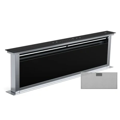 Abbildung von Klarstein Royal Flush Eco Downdraft Dunstabzugshaube A Energieeffizienz, 842 m3/h Luftumwälzung, Leise 70 dB, Touch Bedienfeld, LED Beleuchtung, Umluftbetrieb, Schwarz