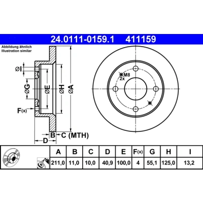 Abbildung von ATE 24.0111 0159.1 Bremsscheibe 211,0 11,0 4 100,0 voll beschichtet DAIHATSU: Cuore 6, 7, Trevis