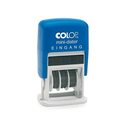 Abbildung von Colop 105244 Mini Dater S160/L1 mit Text Eingang, Datum in deutsch (Z.B. 12.OKT.2025), Abdruck Blau/rot, im Blister