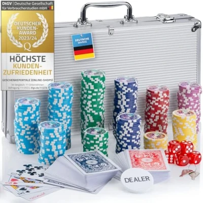Abbildung von GOODS+GADGETS Profi Pokerkoffer Pokerset 500 Schwerer 12g Metallkern Poker Chips; Pokerdeck, Pokerkarten, Würfel, Dealer Button; abschließbar Alu Koffer; Casino für Zuhause (Silber, Chips)